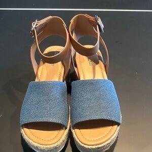 Soda Blue Denim Espadrille Wedge Sandals with Tan Ankle Strap